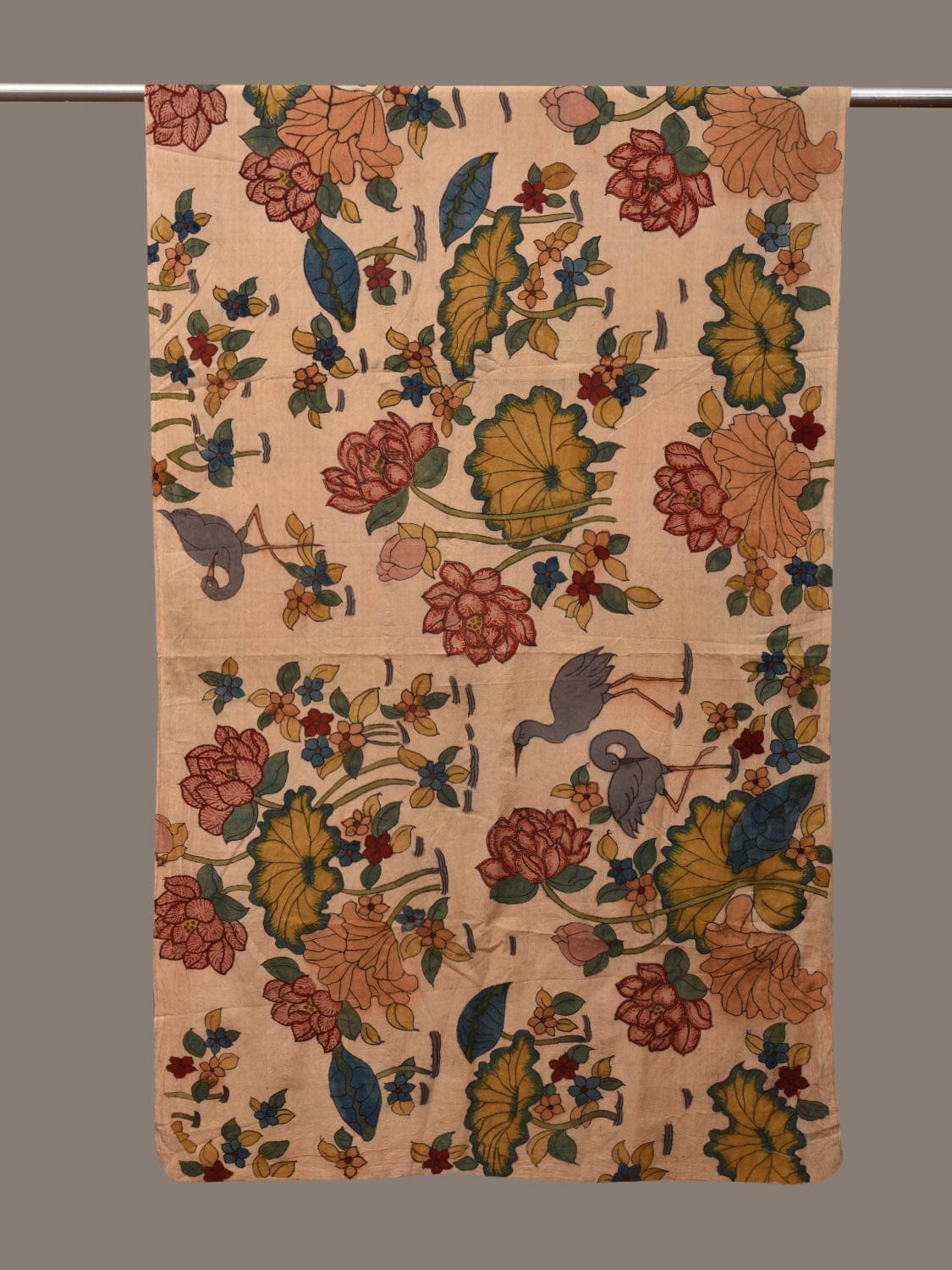 Cream Kalamkari Hand Painted Cotton Handloom Dupatta with Birds and Lotus Flowers Design ds2975