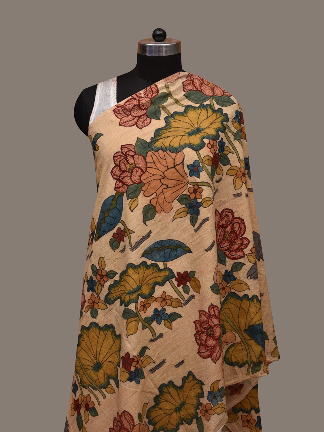 Cream Kalamkari Hand Painted Cotton Handloom Dupatta with Birds and Lotus Flowers Design ds2975