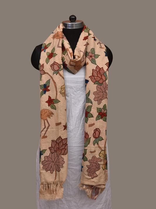 Cream Kalamkari Hand Painted Cotton Handloom Dupatta with Doby Border and Floral Design ds3061