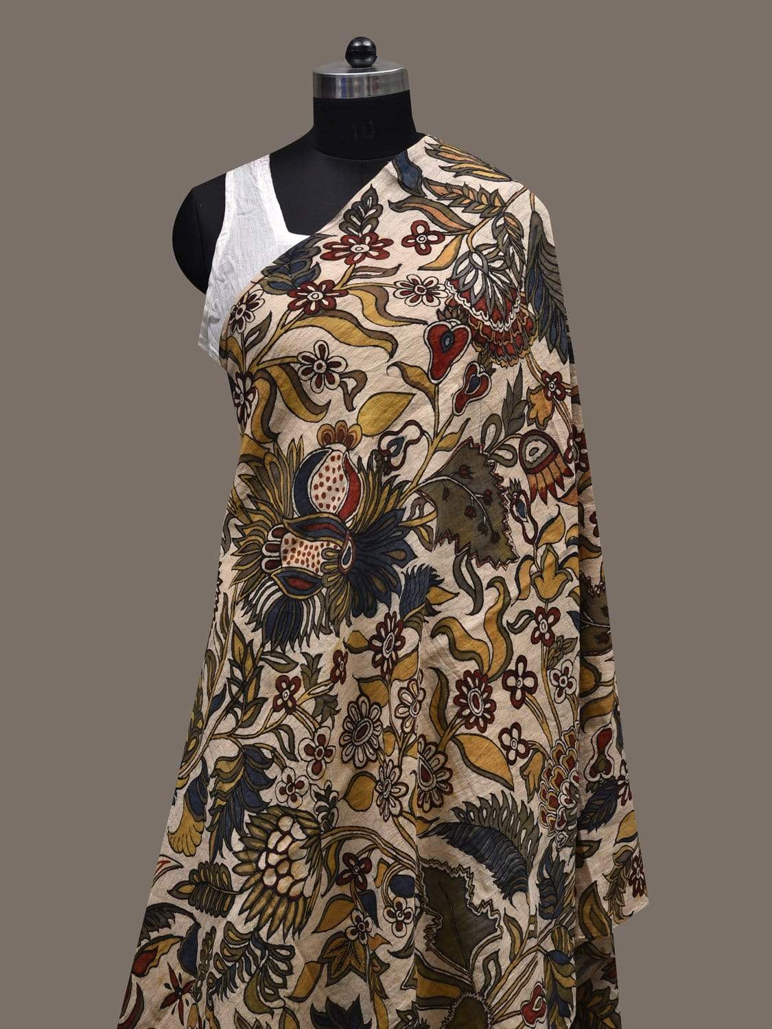 Cream Kalamkari Hand Painted Cotton Handloom Dupatta with Exotic Floral Design ds2466