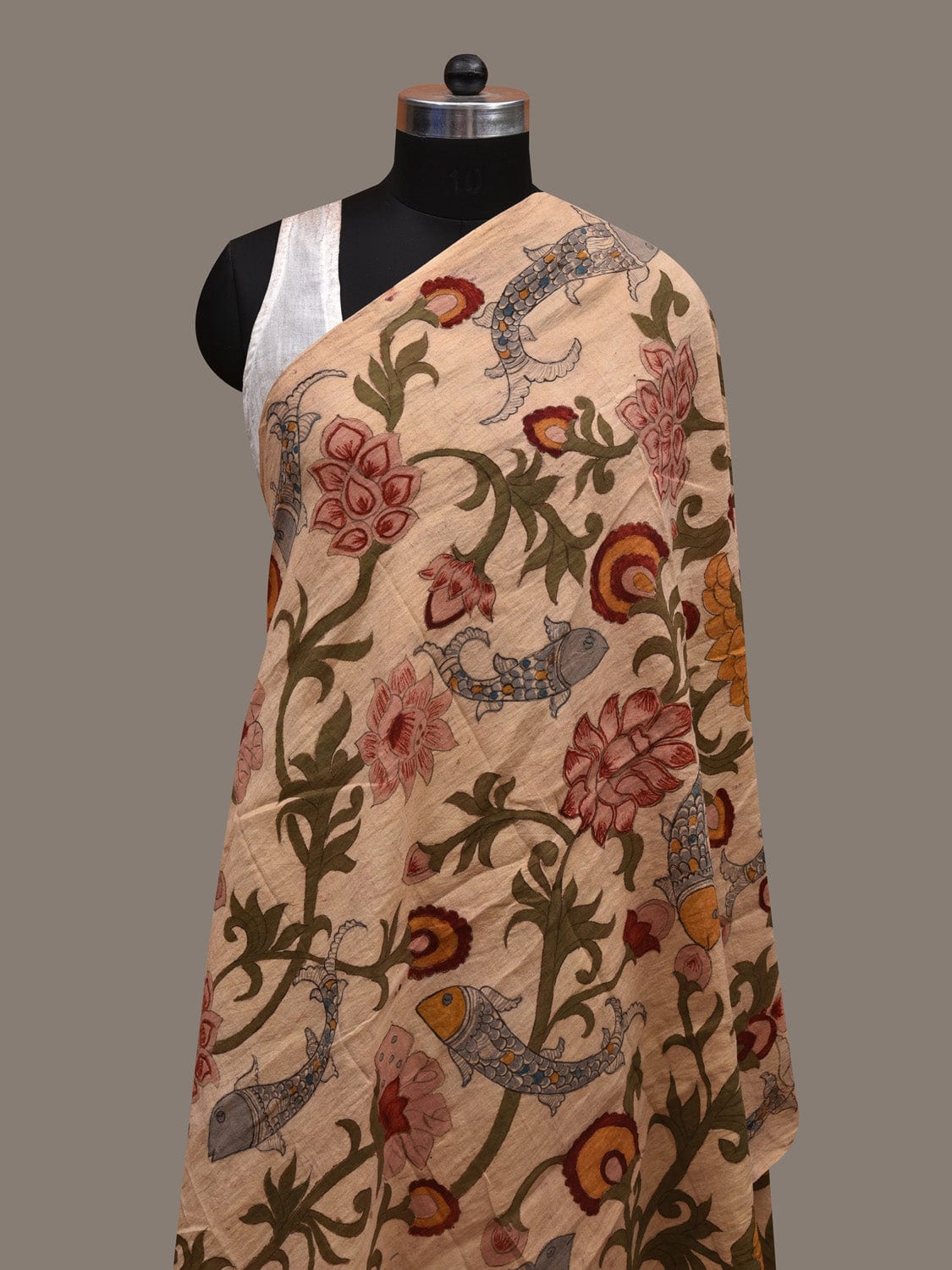 Cream Kalamkari Hand Painted Cotton Handloom Dupatta with Floral and Fishes Design ds2842