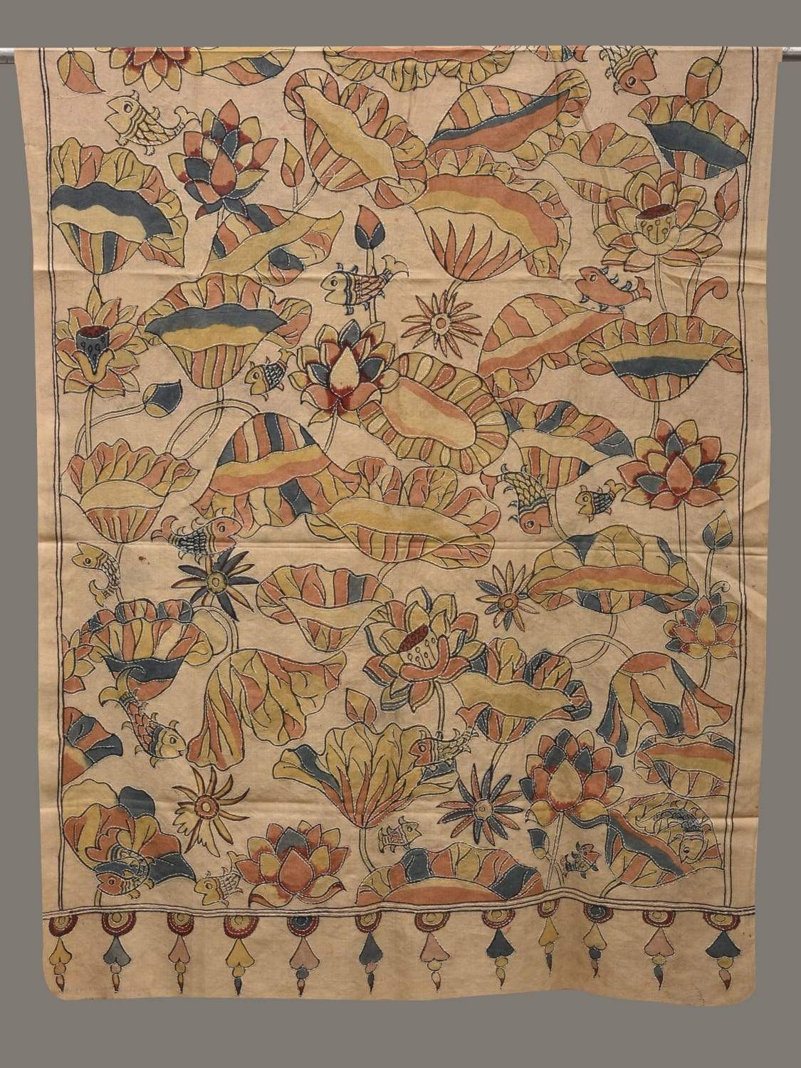 Cream Kalamkari Hand Painted Cotton Handloom Dupatta with Floral and Kanta Work Design ds2514