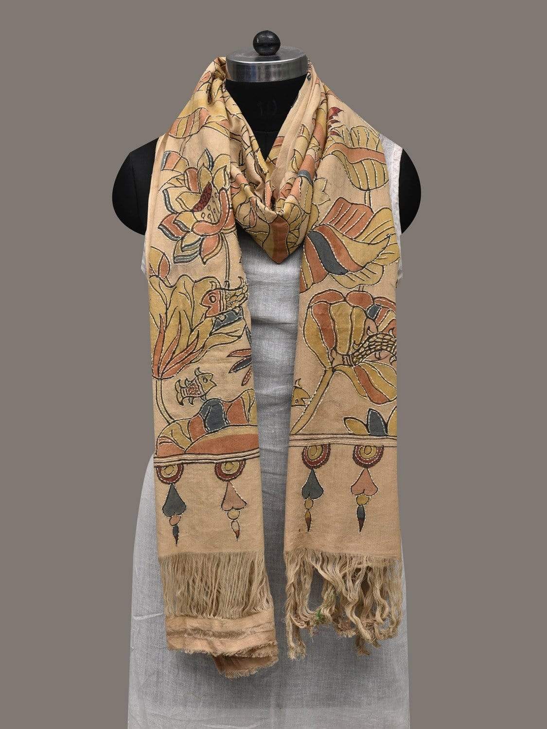 Cream Kalamkari Hand Painted Cotton Handloom Dupatta with Floral and Kanta Work Design ds2514