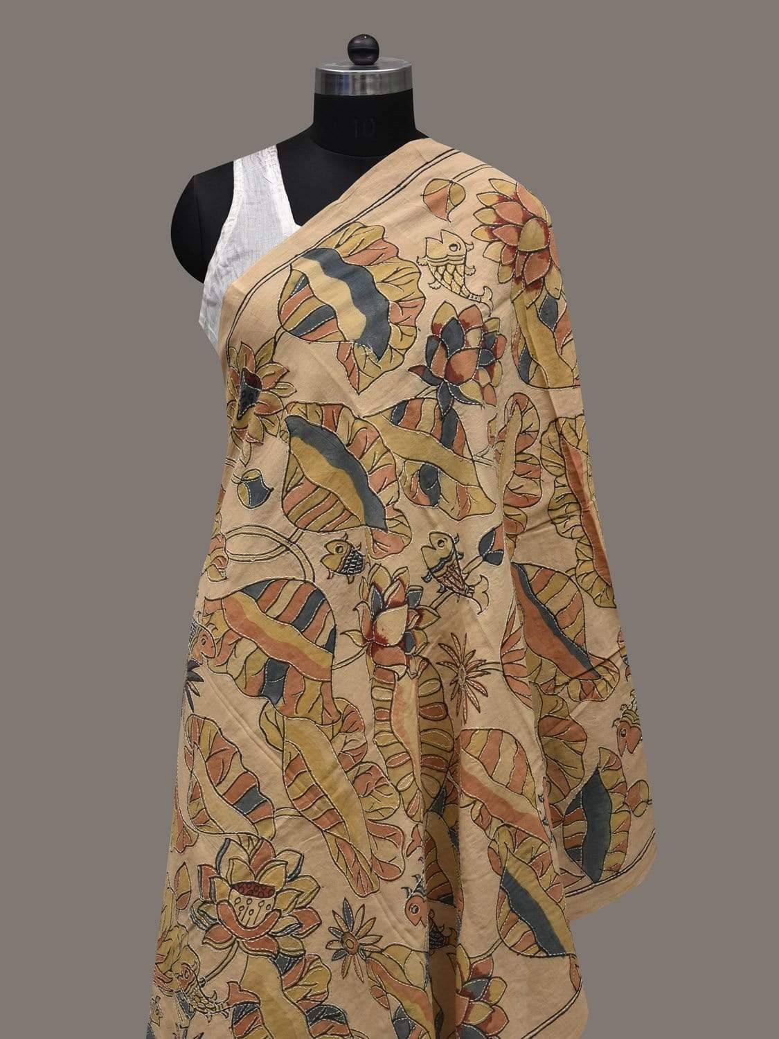 Cream Kalamkari Hand Painted Cotton Handloom Dupatta with Floral and Kanta Work Design ds2514