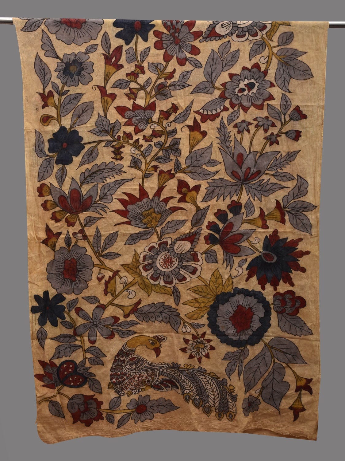 Cream Kalamkari Hand Painted Cotton Handloom Dupatta with Floral and Peacock Design ds2608