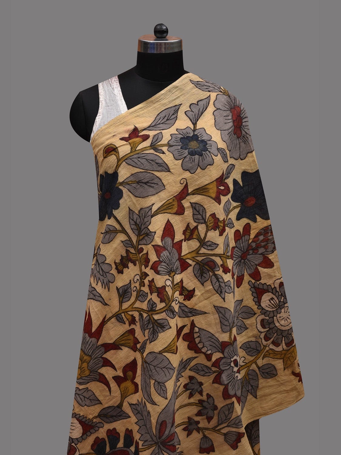 Cream Kalamkari Hand Painted Cotton Handloom Dupatta with Floral and Peacock Design ds2608