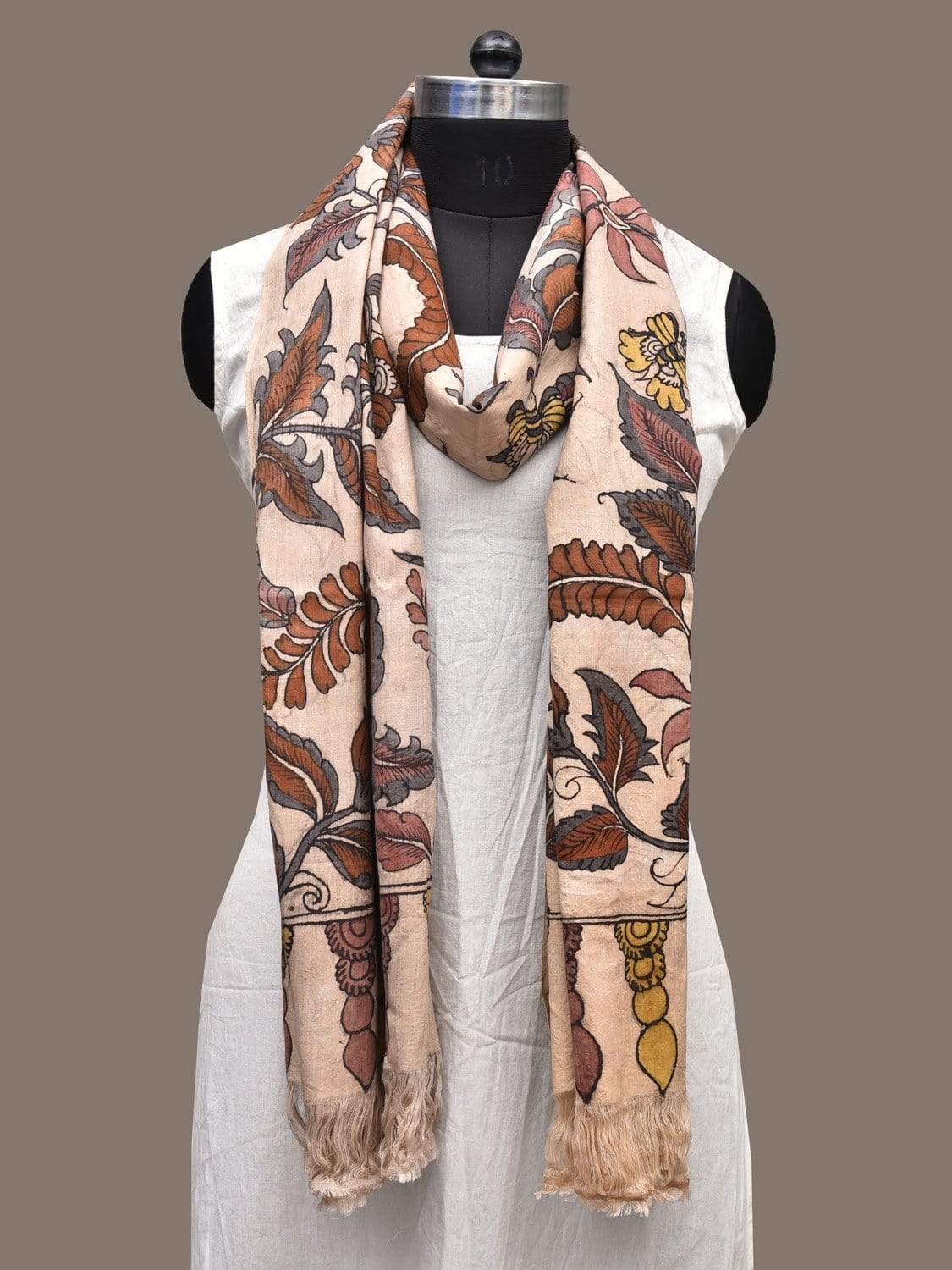 Cream Kalamkari Hand Painted Cotton Handloom Dupatta with Floral Design ds2289