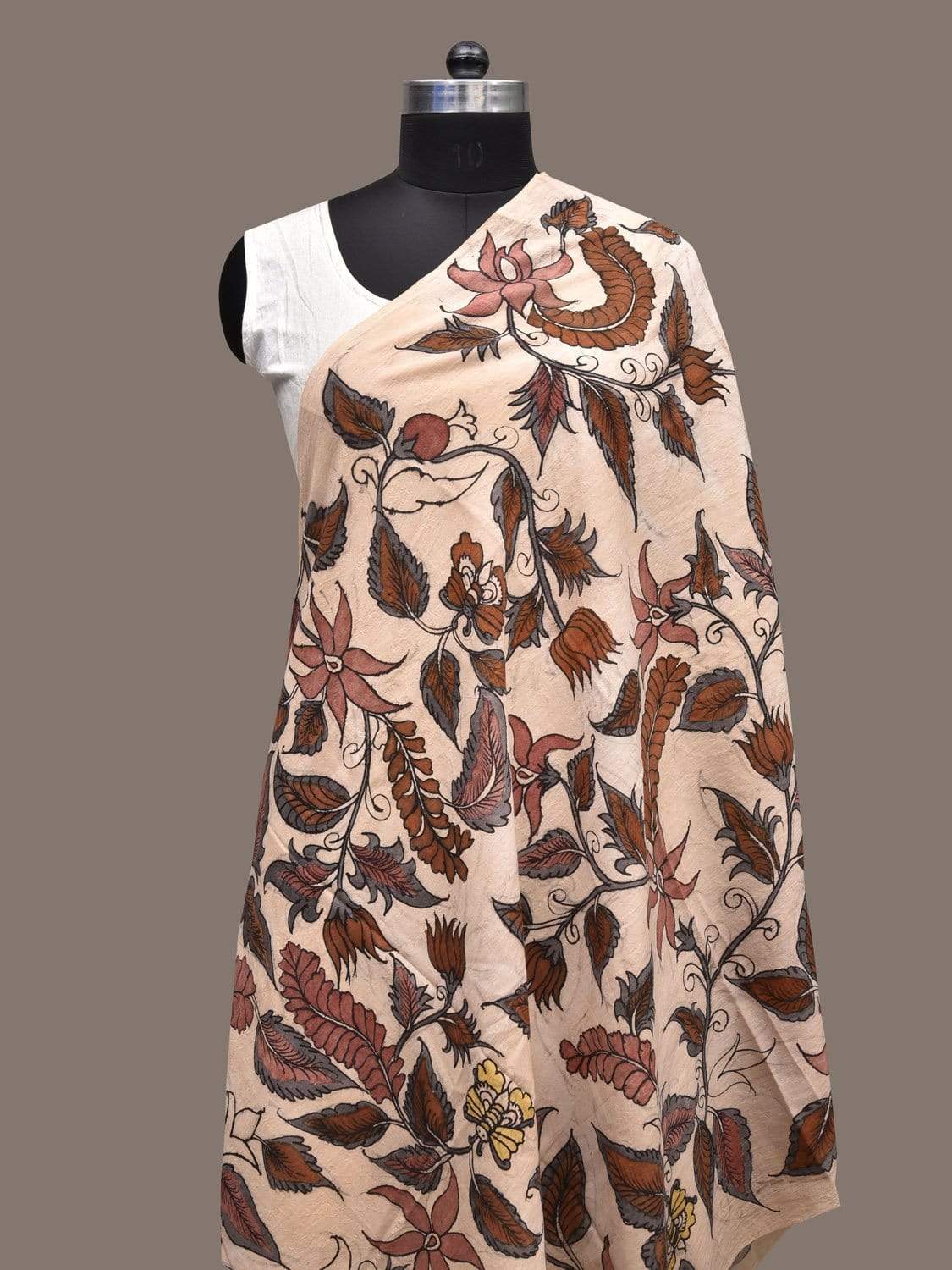 Cream Kalamkari Hand Painted Cotton Handloom Dupatta with Floral Design ds2289