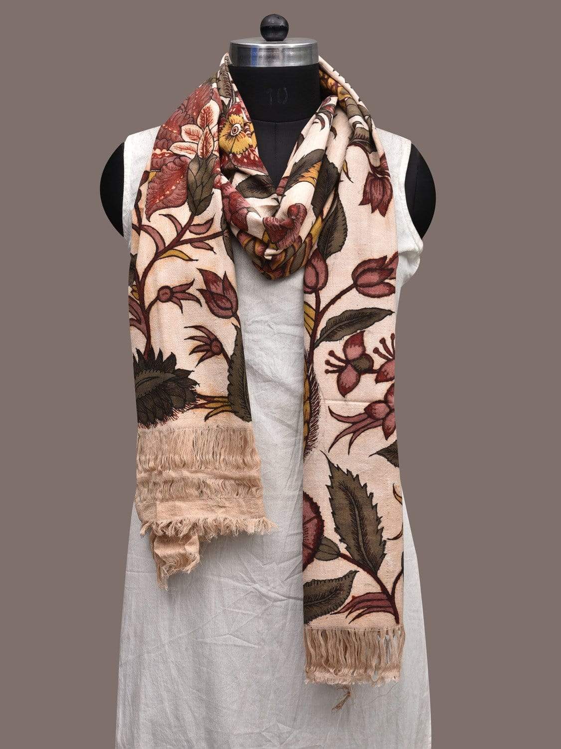 Cream Kalamkari Hand Painted Cotton Handloom Dupatta with Floral Design ds2304