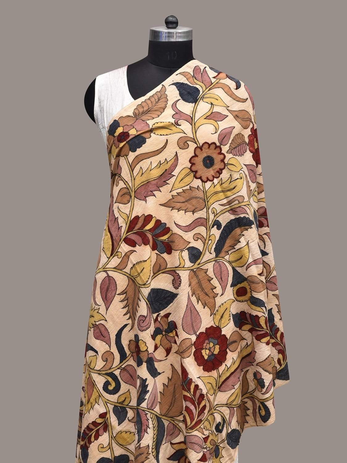 Cream Kalamkari Hand Painted Cotton Handloom Dupatta with Floral Design ds2359