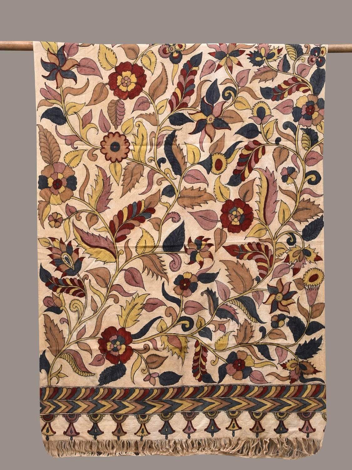 Cream Kalamkari Hand Painted Cotton Handloom Dupatta with Floral Design ds2359