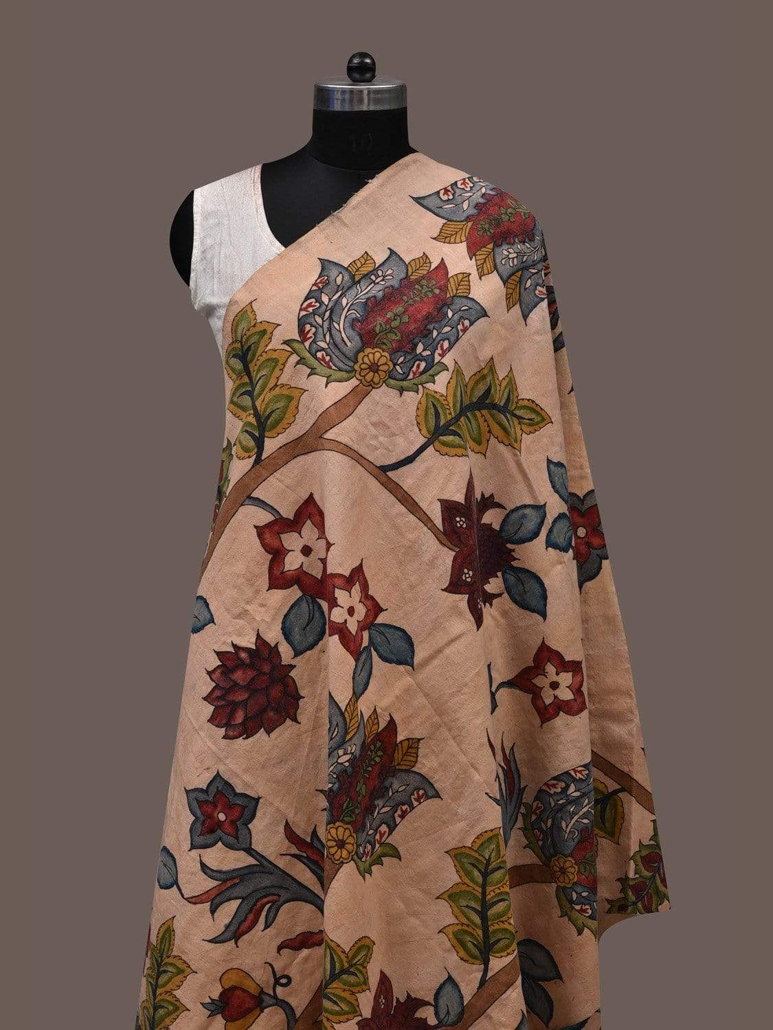 Cream Kalamkari Hand Painted Cotton Handloom Dupatta with Floral Design ds2384