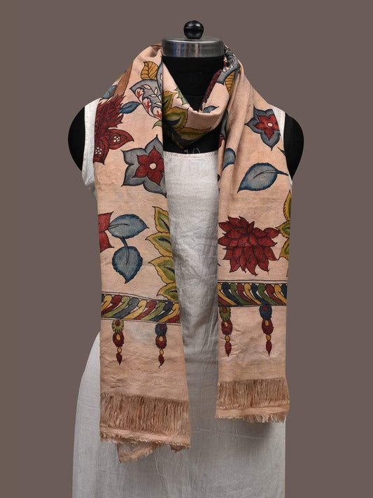 Cream Kalamkari Hand Painted Cotton Handloom Dupatta with Floral Design ds2384