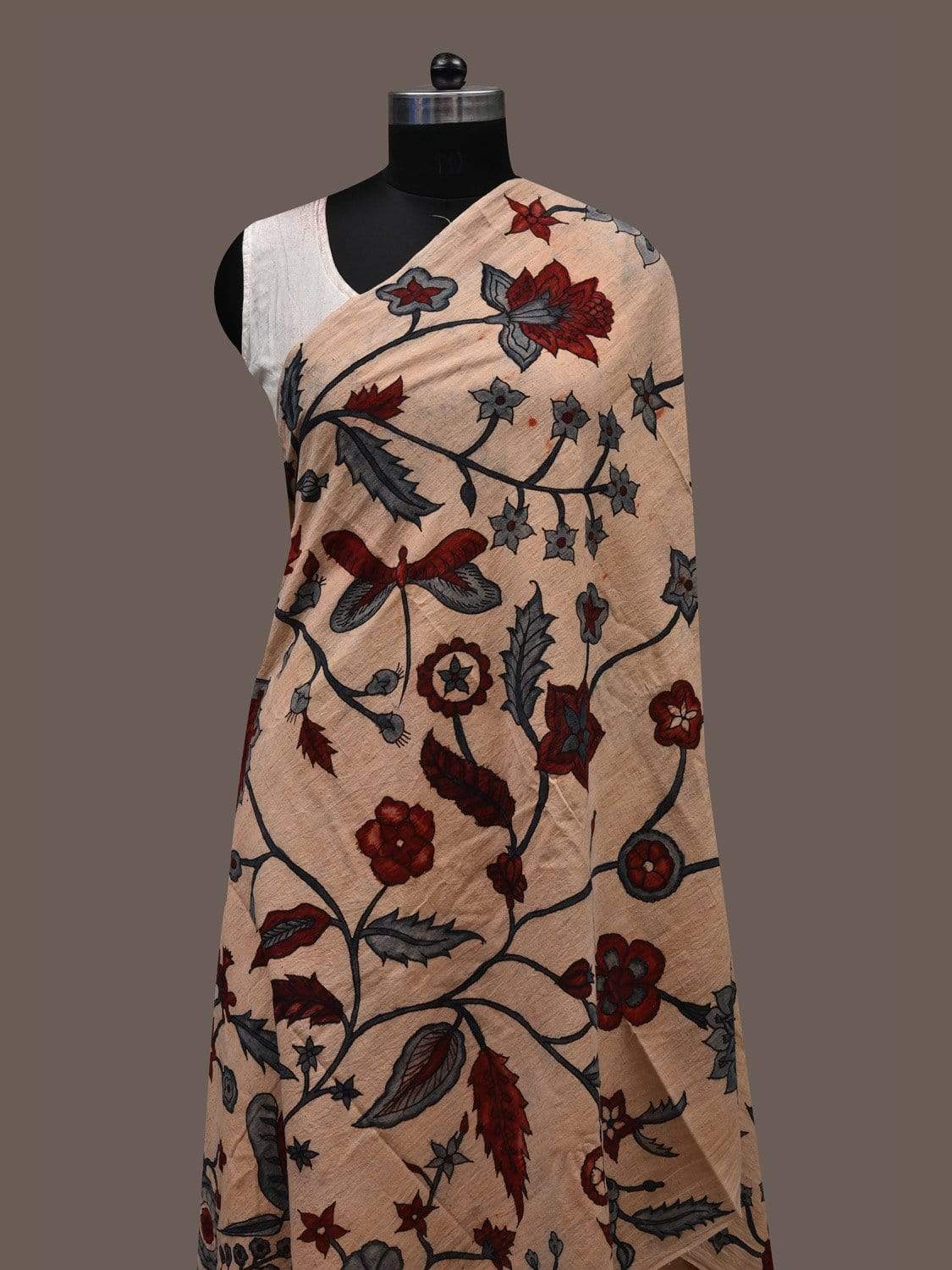 Cream Kalamkari Hand Painted Cotton Handloom Dupatta with Floral Design ds2388