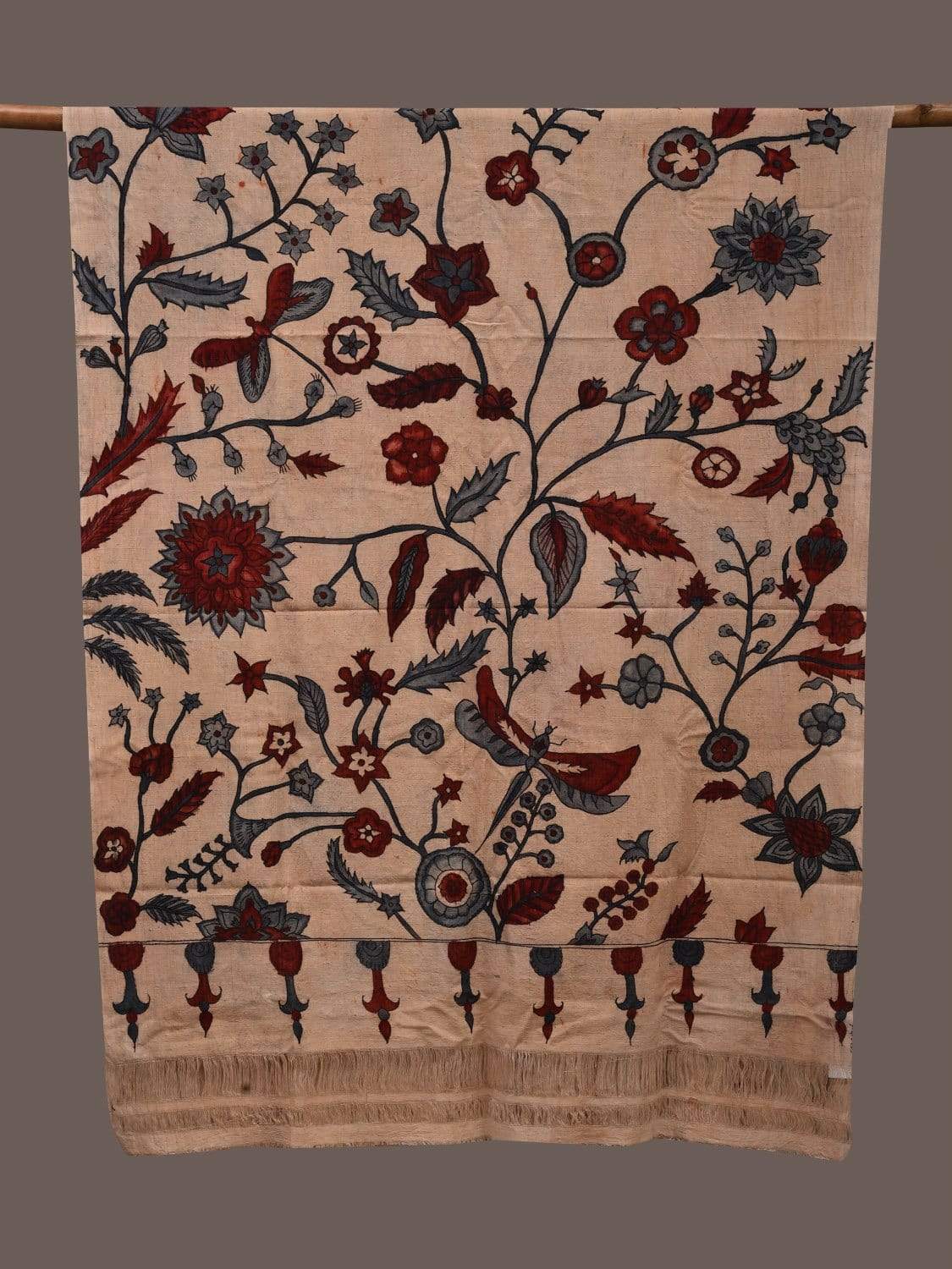 Cream Kalamkari Hand Painted Cotton Handloom Dupatta with Floral Design ds2388