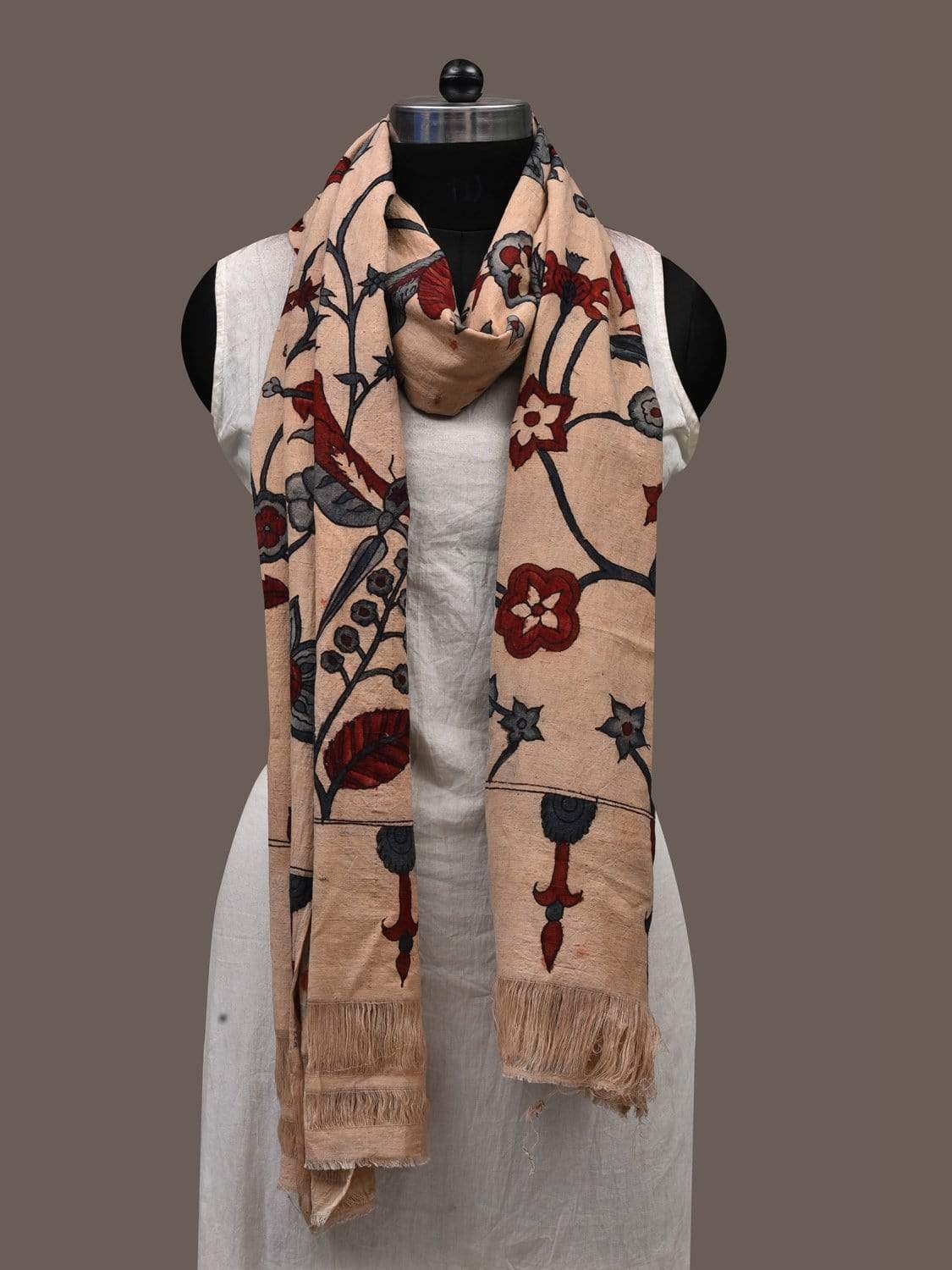 Cream Kalamkari Hand Painted Cotton Handloom Dupatta with Floral Design ds2388