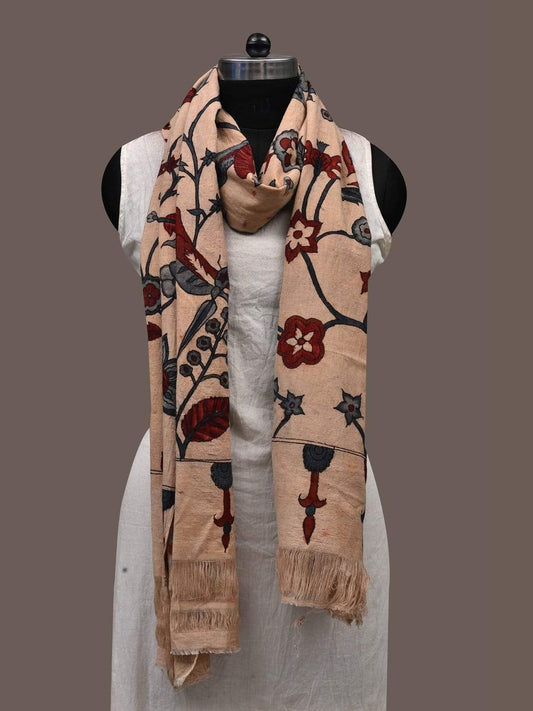 Cream Kalamkari Hand Painted Cotton Handloom Dupatta with Floral Design ds2388