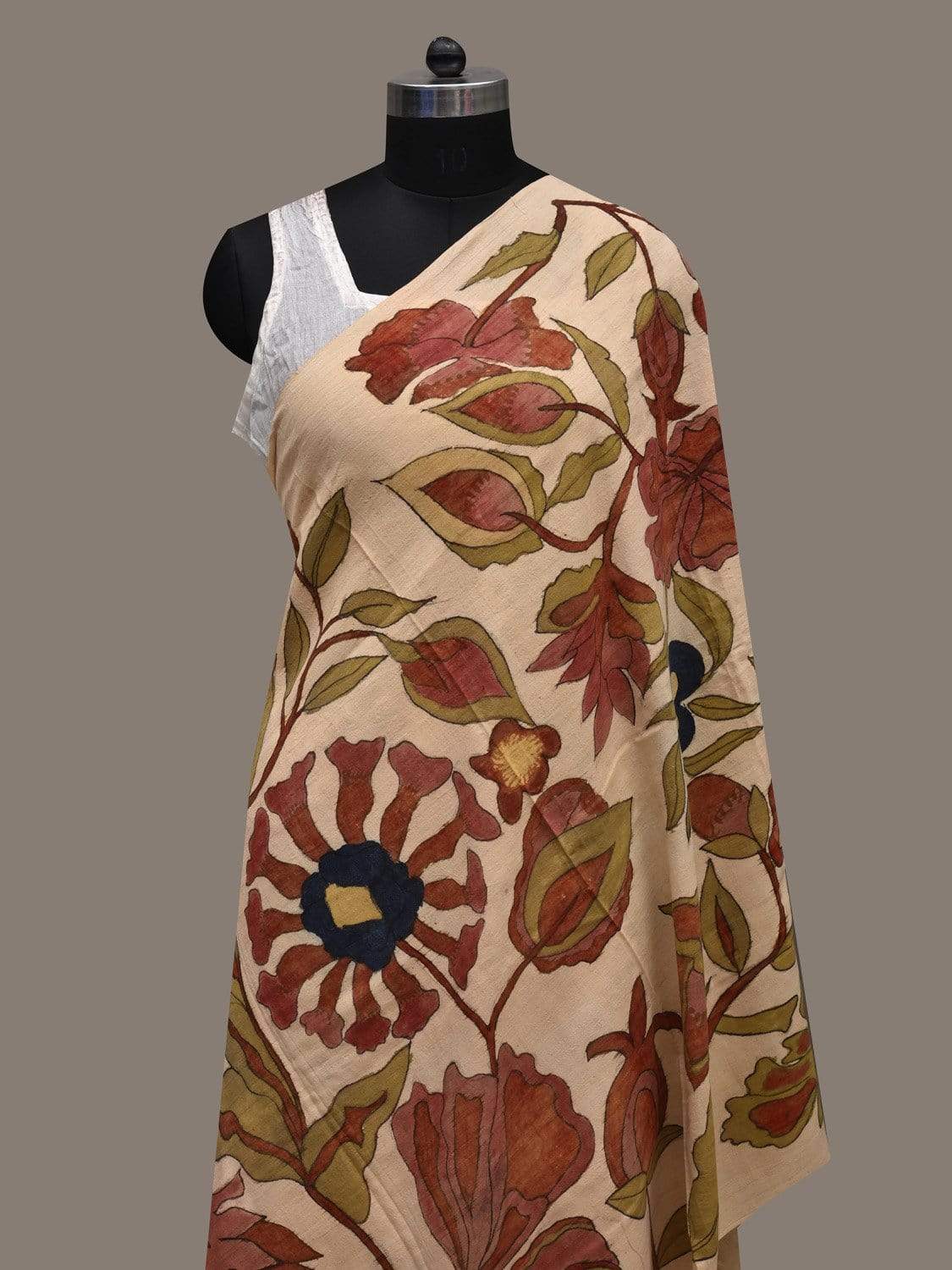Cream Kalamkari Hand Painted Cotton Handloom Dupatta with Floral Design ds2548