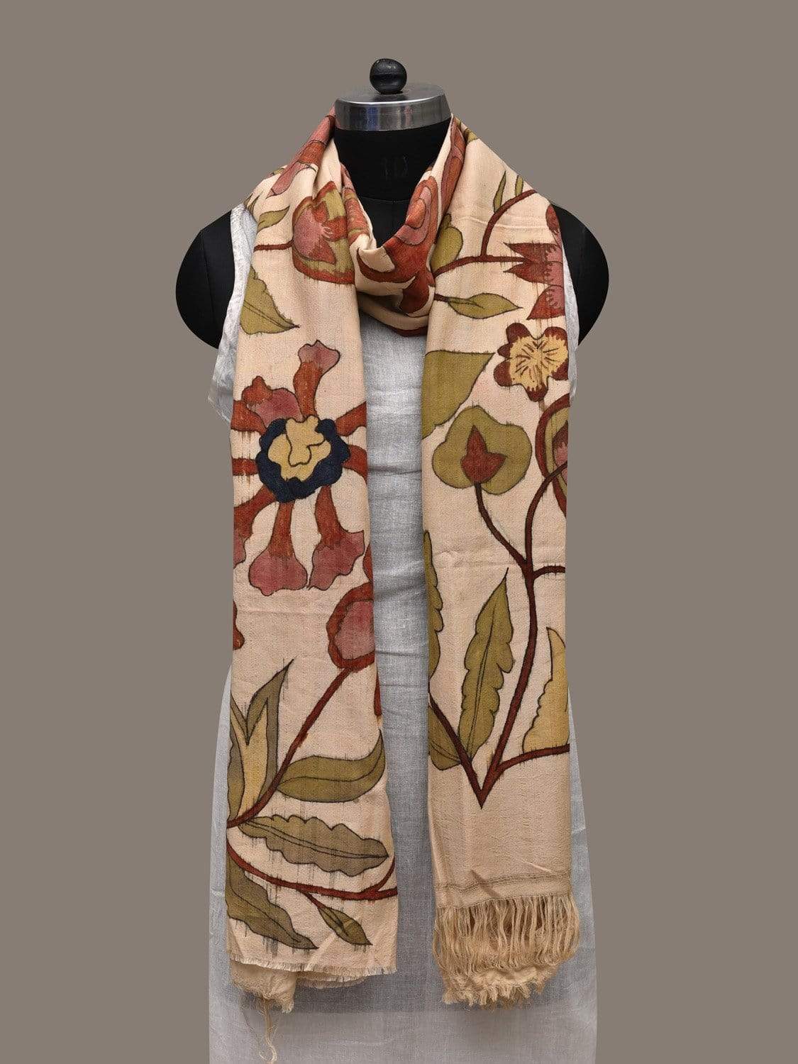 Cream Kalamkari Hand Painted Cotton Handloom Dupatta with Floral Design ds2548