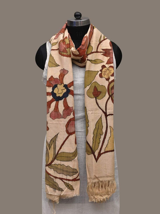 Cream Kalamkari Hand Painted Cotton Handloom Dupatta with Floral Design ds2548
