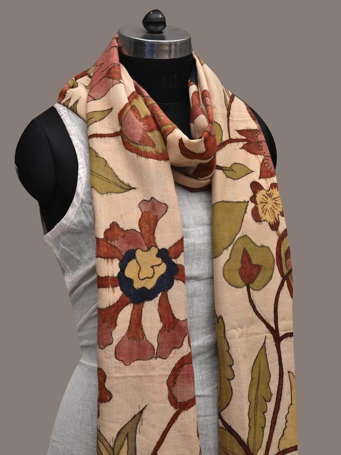 Cream Kalamkari Hand Painted Cotton Handloom Dupatta with Floral Design ds2548