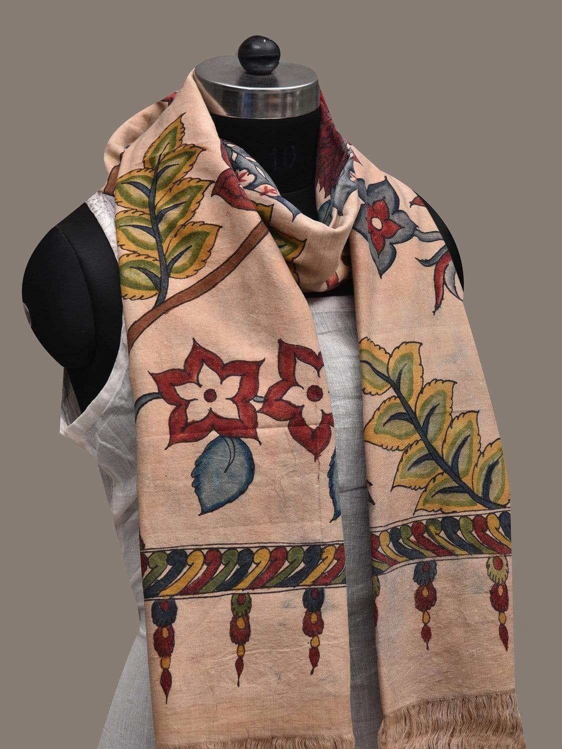 Cream Kalamkari Hand Painted Cotton Handloom Dupatta with Floral Design ds2550