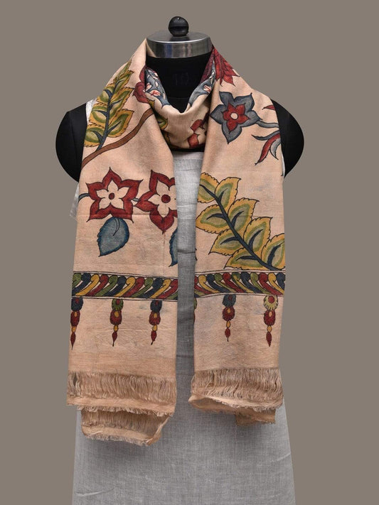 Cream Kalamkari Hand Painted Cotton Handloom Dupatta with Floral Design ds2550