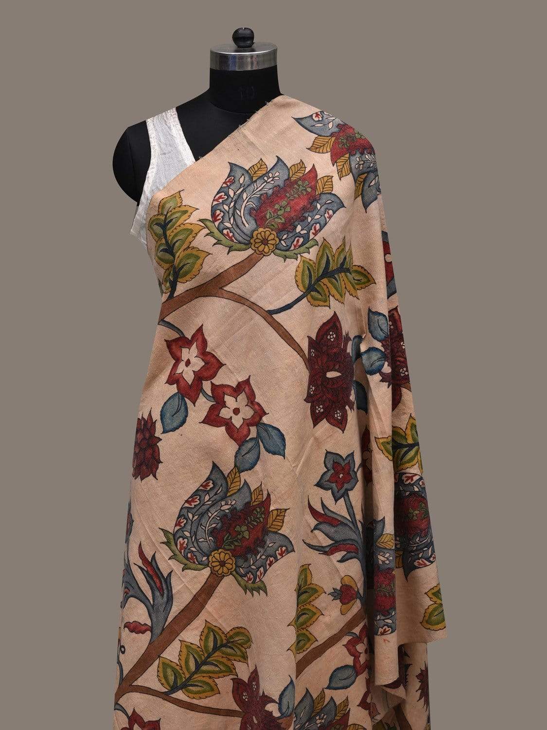 Cream Kalamkari Hand Painted Cotton Handloom Dupatta with Floral Design ds2550