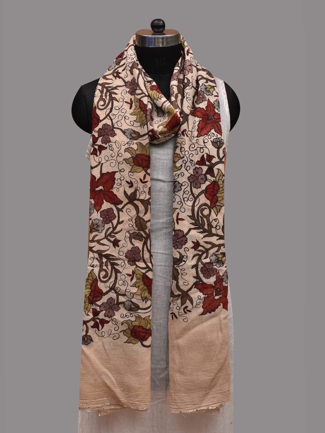 Cream Kalamkari Hand Painted Cotton Handloom Dupatta with Floral Design ds2596