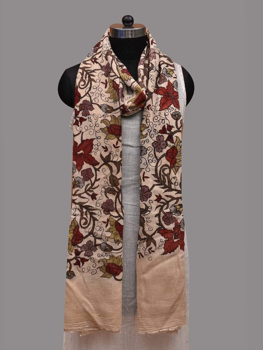 Cream Kalamkari Hand Painted Cotton Handloom Dupatta with Floral Design ds2596