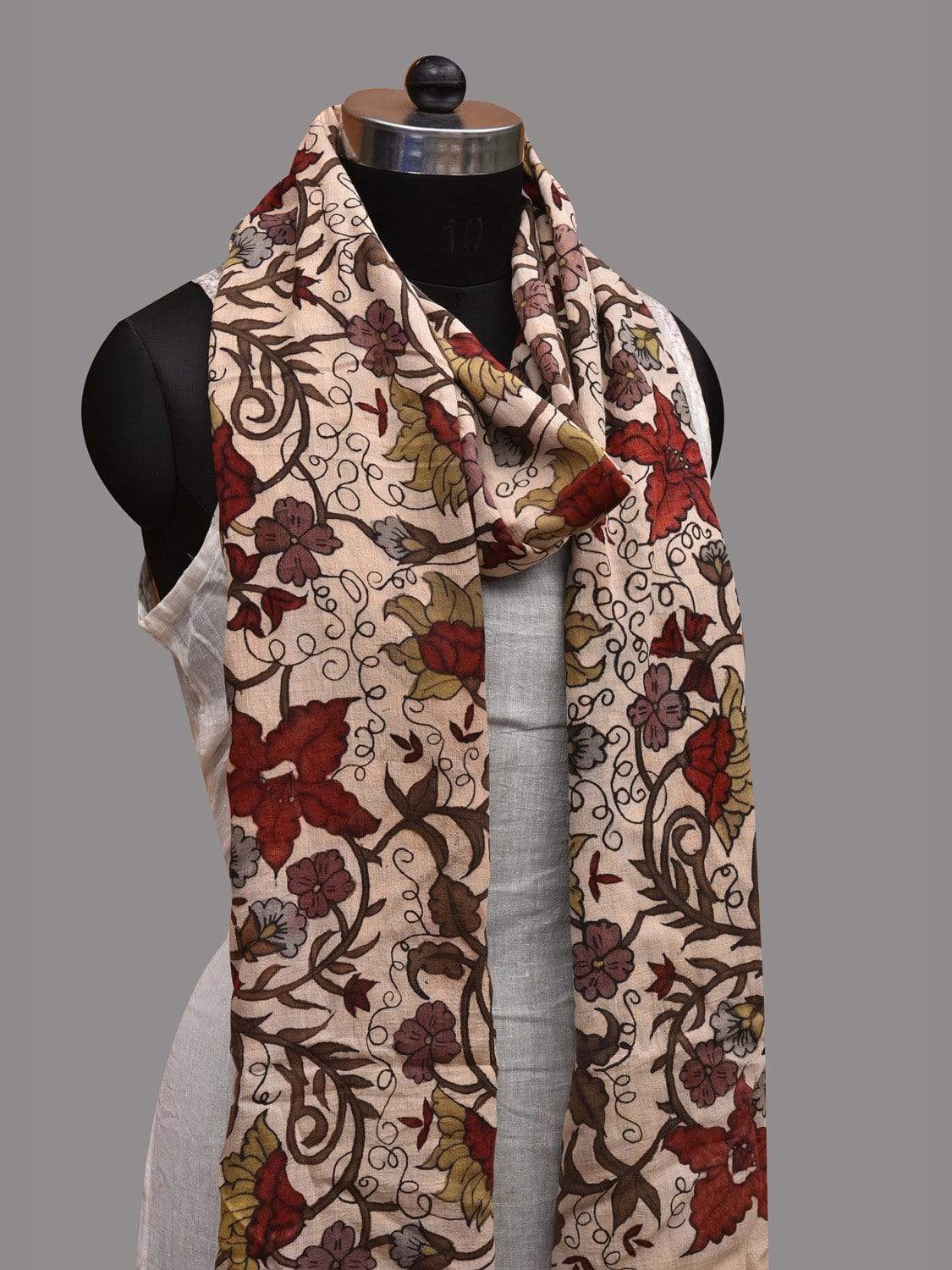 Cream Kalamkari Hand Painted Cotton Handloom Dupatta with Floral Design ds2596