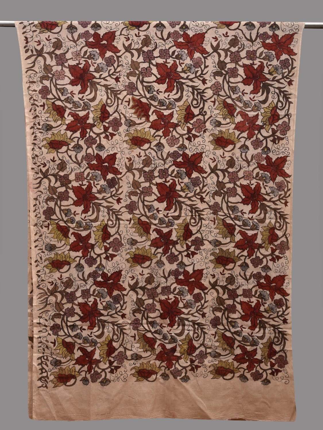 Cream Kalamkari Hand Painted Cotton Handloom Dupatta with Floral Design ds2596