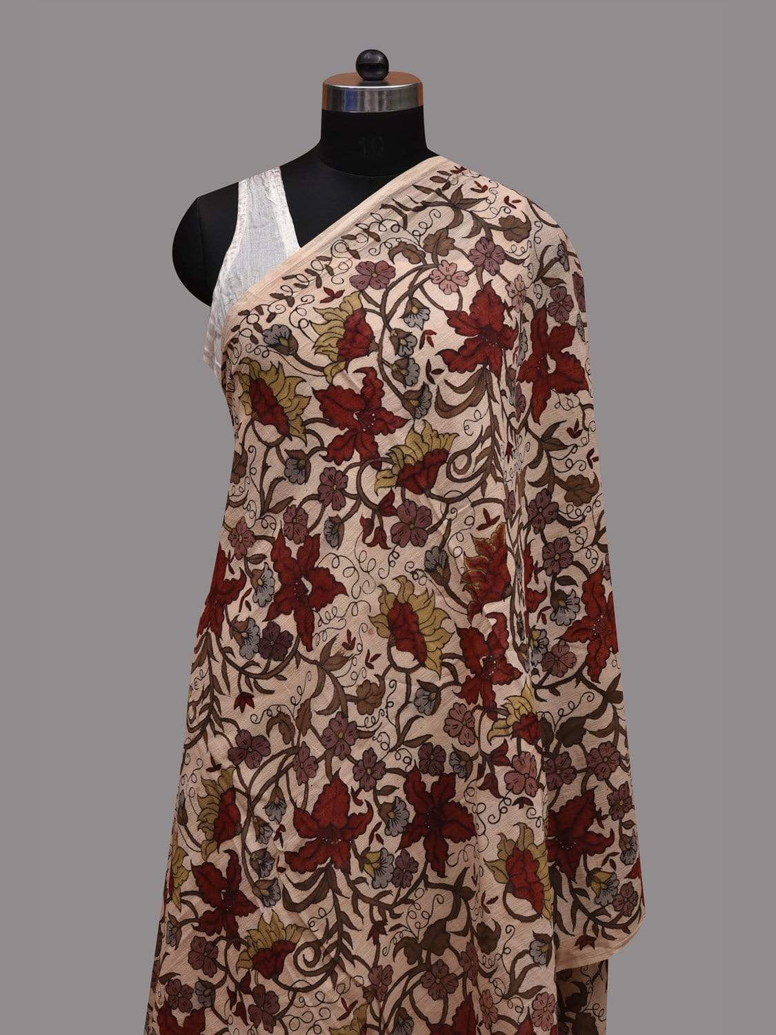 Cream Kalamkari Hand Painted Cotton Handloom Dupatta with Floral Design ds2596