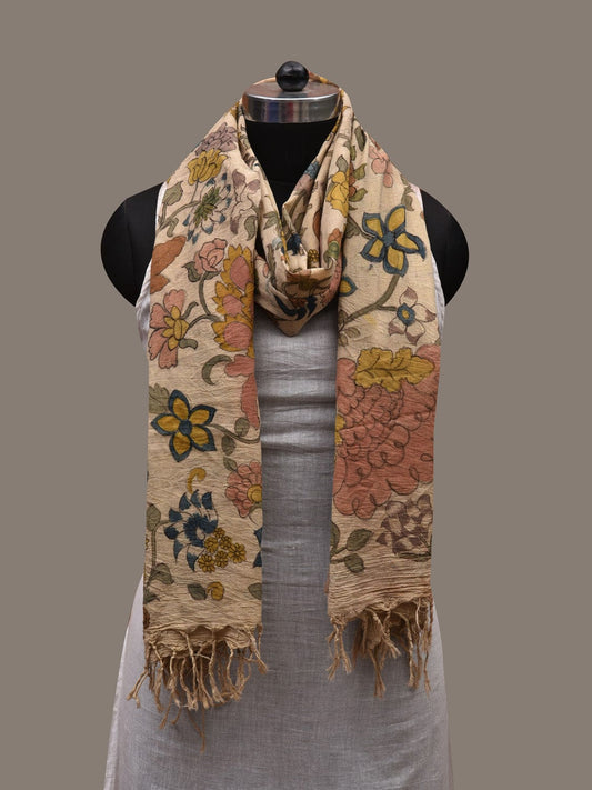 Cream Kalamkari Hand Painted Cotton Handloom Dupatta with Floral Design ds2733