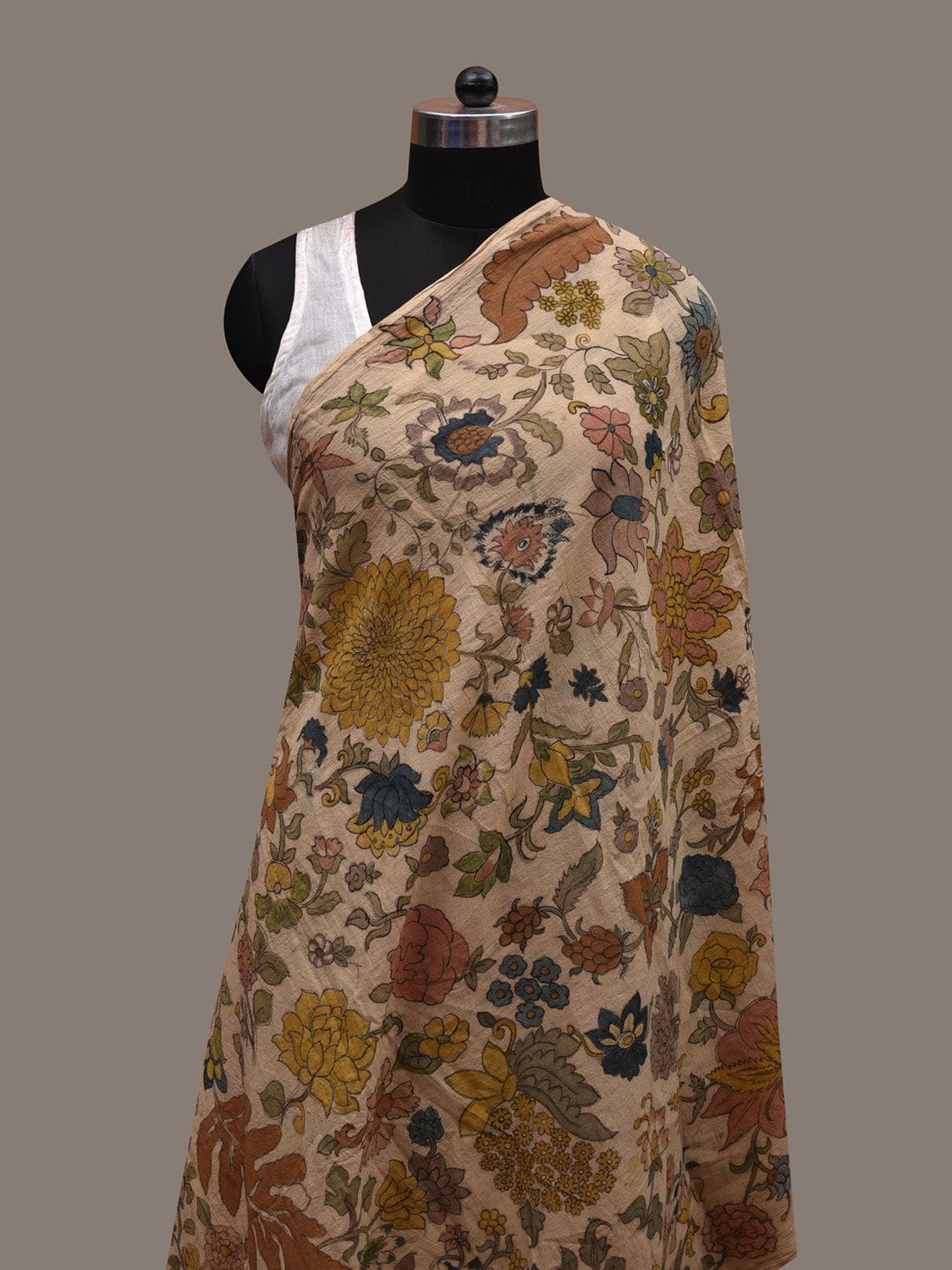 Cream Kalamkari Hand Painted Cotton Handloom Dupatta with Floral Design ds2733