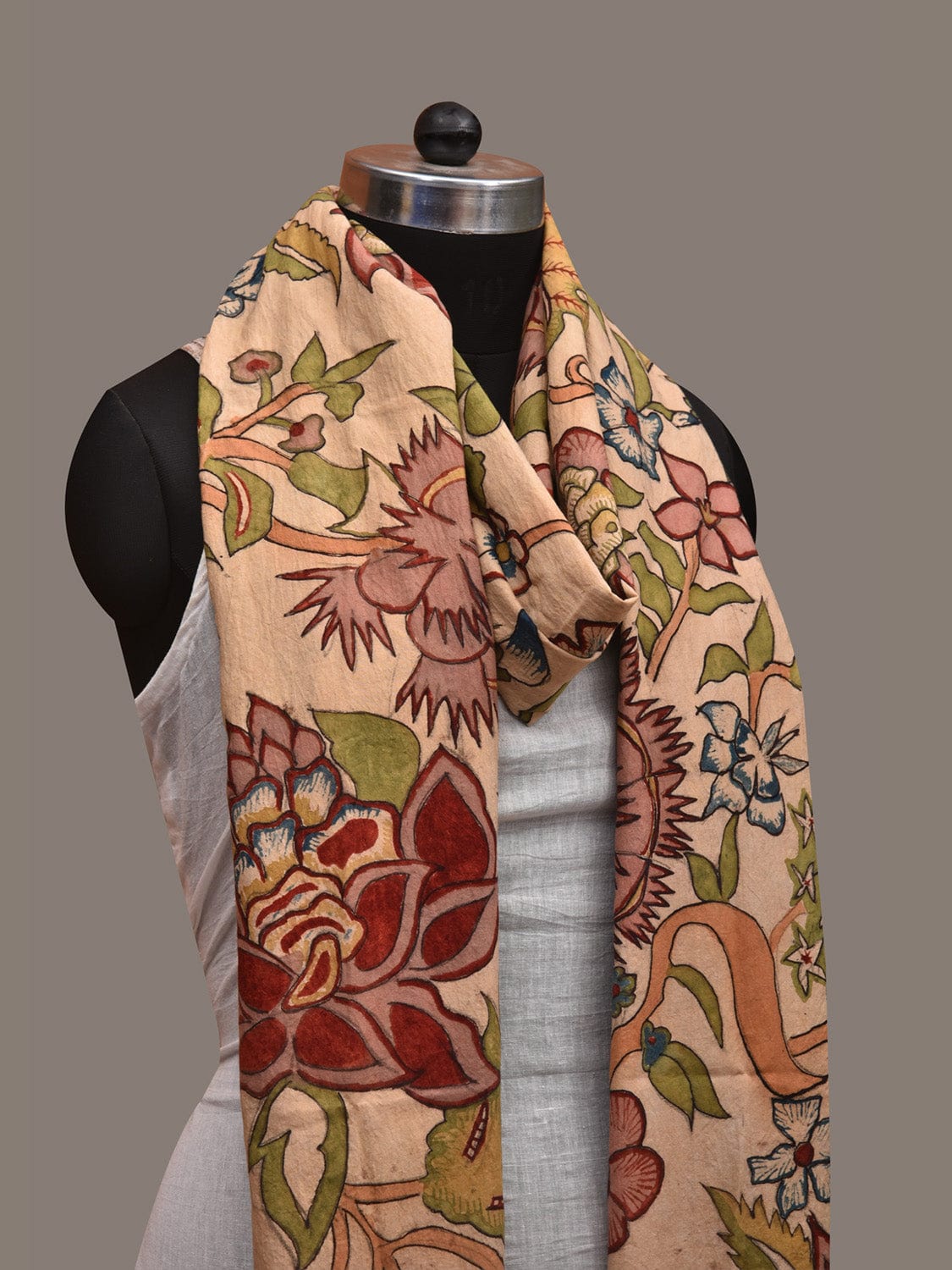 Cream Kalamkari Hand Painted Cotton Handloom Dupatta with Floral Design ds2980