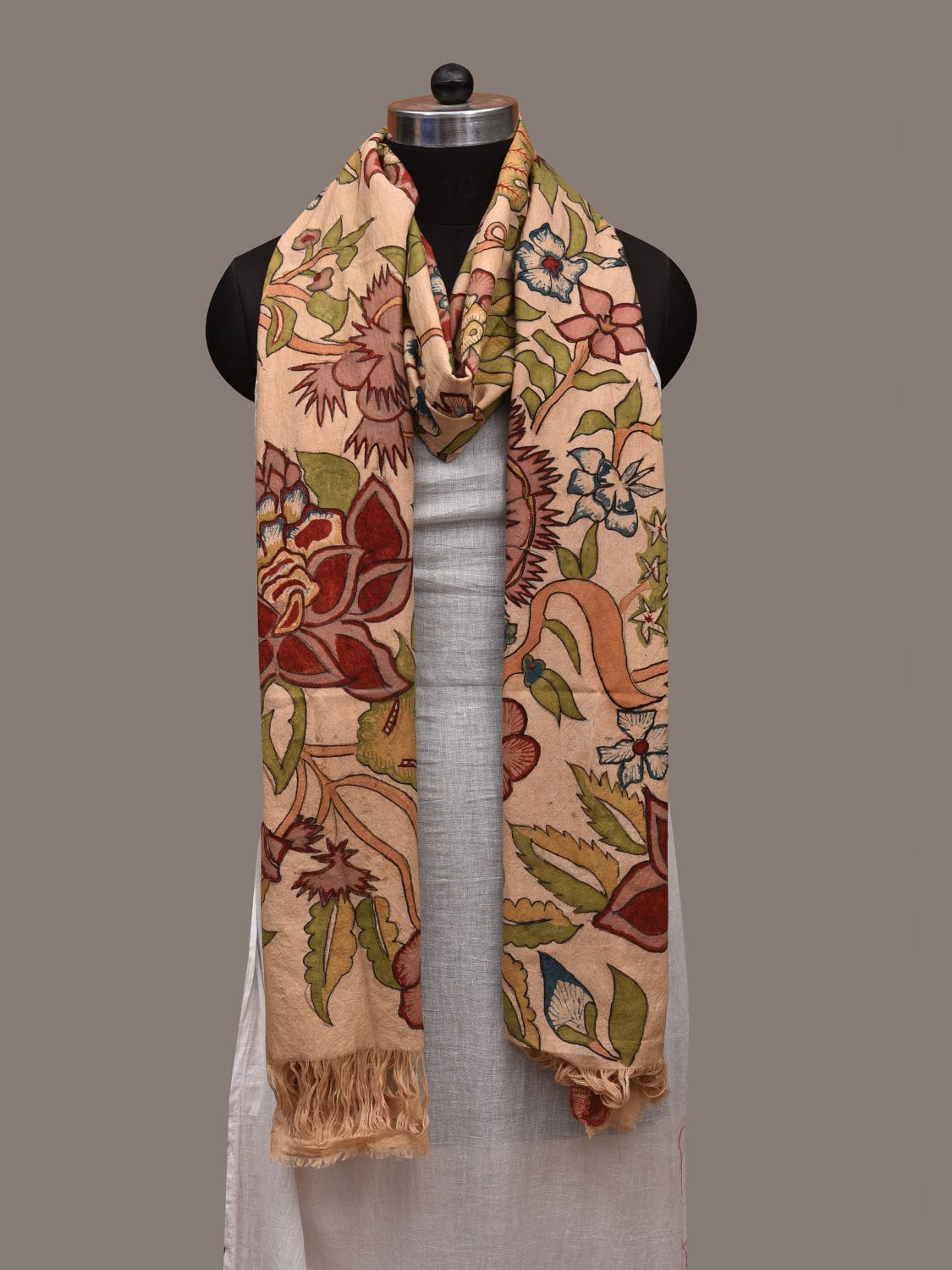 Cream Kalamkari Hand Painted Cotton Handloom Dupatta with Floral Design ds2980