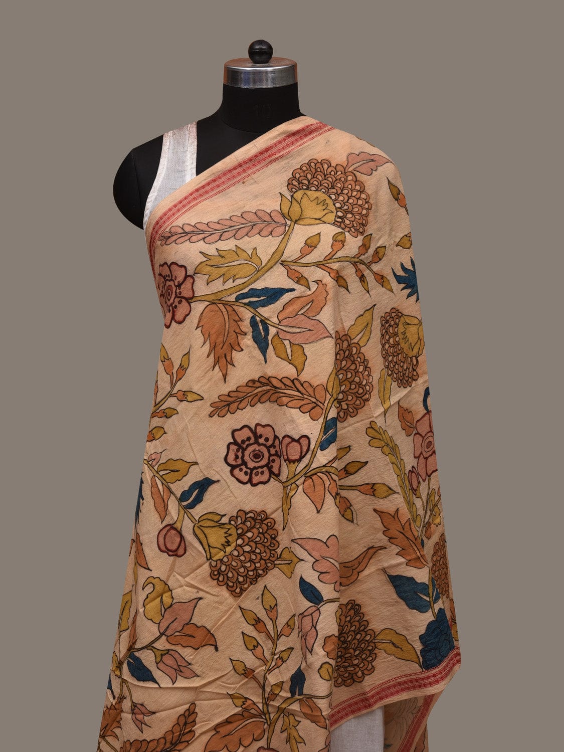 Cream Kalamkari Hand Painted Cotton Handloom Dupatta with Floral Design ds2989