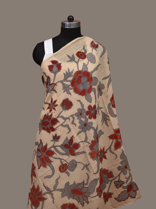 Cream Kalamkari Hand Painted Cotton Handloom Dupatta with Floral Design ds3057