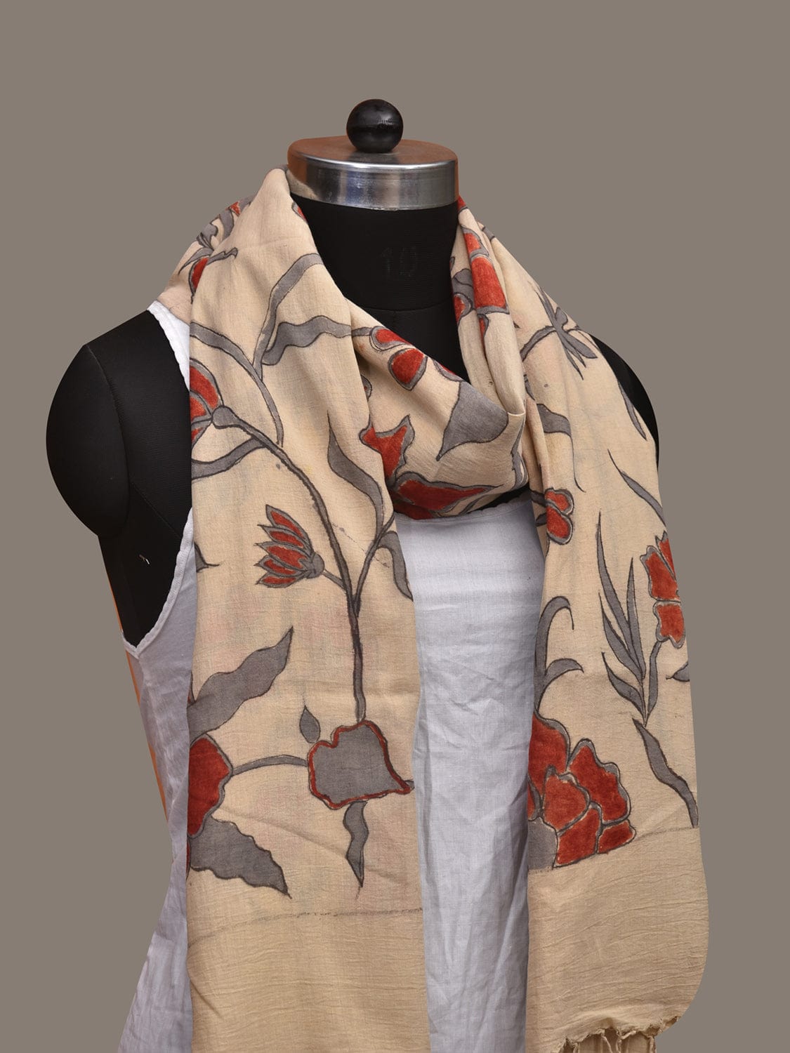 Cream Kalamkari Hand Painted Cotton Handloom Dupatta with Floral Design ds3057