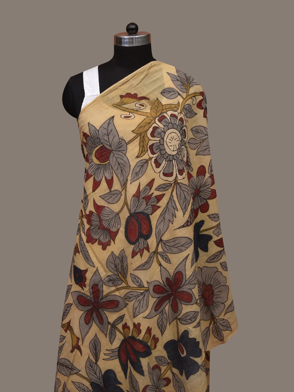 Cream Kalamkari Hand Painted Cotton Handloom Dupatta with Floral Design ds3059