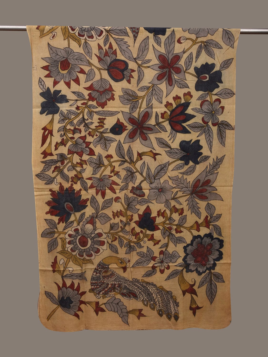 Cream Kalamkari Hand Painted Cotton Handloom Dupatta with Floral Design ds3059