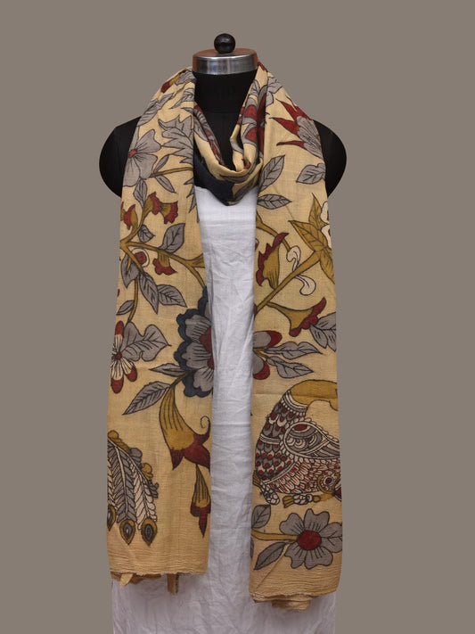 Cream Kalamkari Hand Painted Cotton Handloom Dupatta with Floral Design ds3059