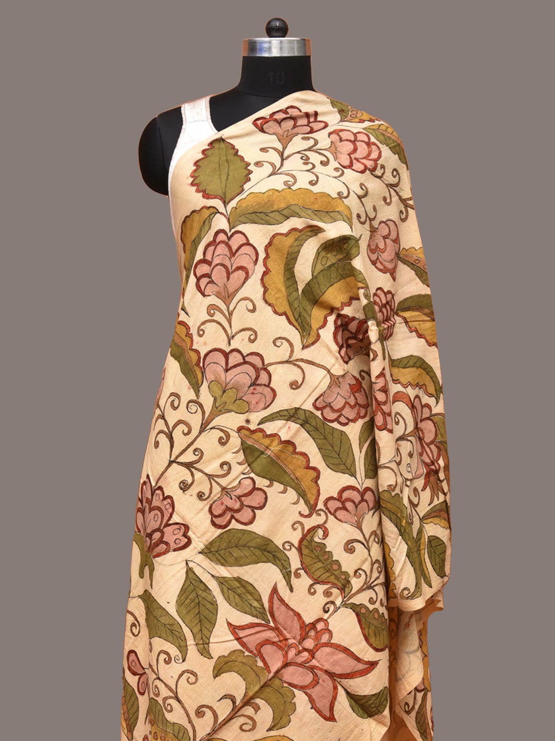 Cream Kalamkari Hand Painted Cotton Handloom Dupatta with Floral Design ds3317