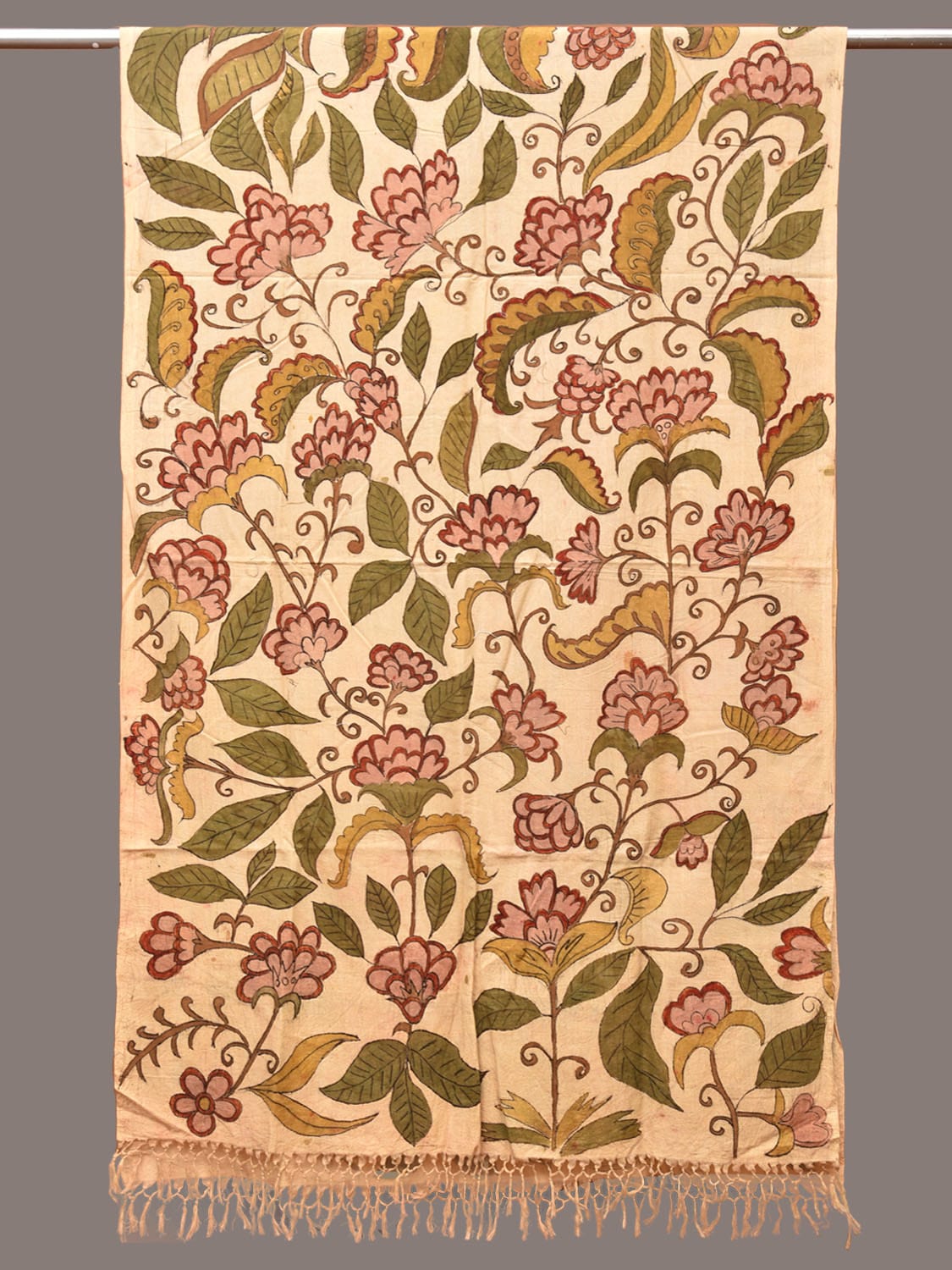 Cream Kalamkari Hand Painted Cotton Handloom Dupatta with Floral Design ds3317