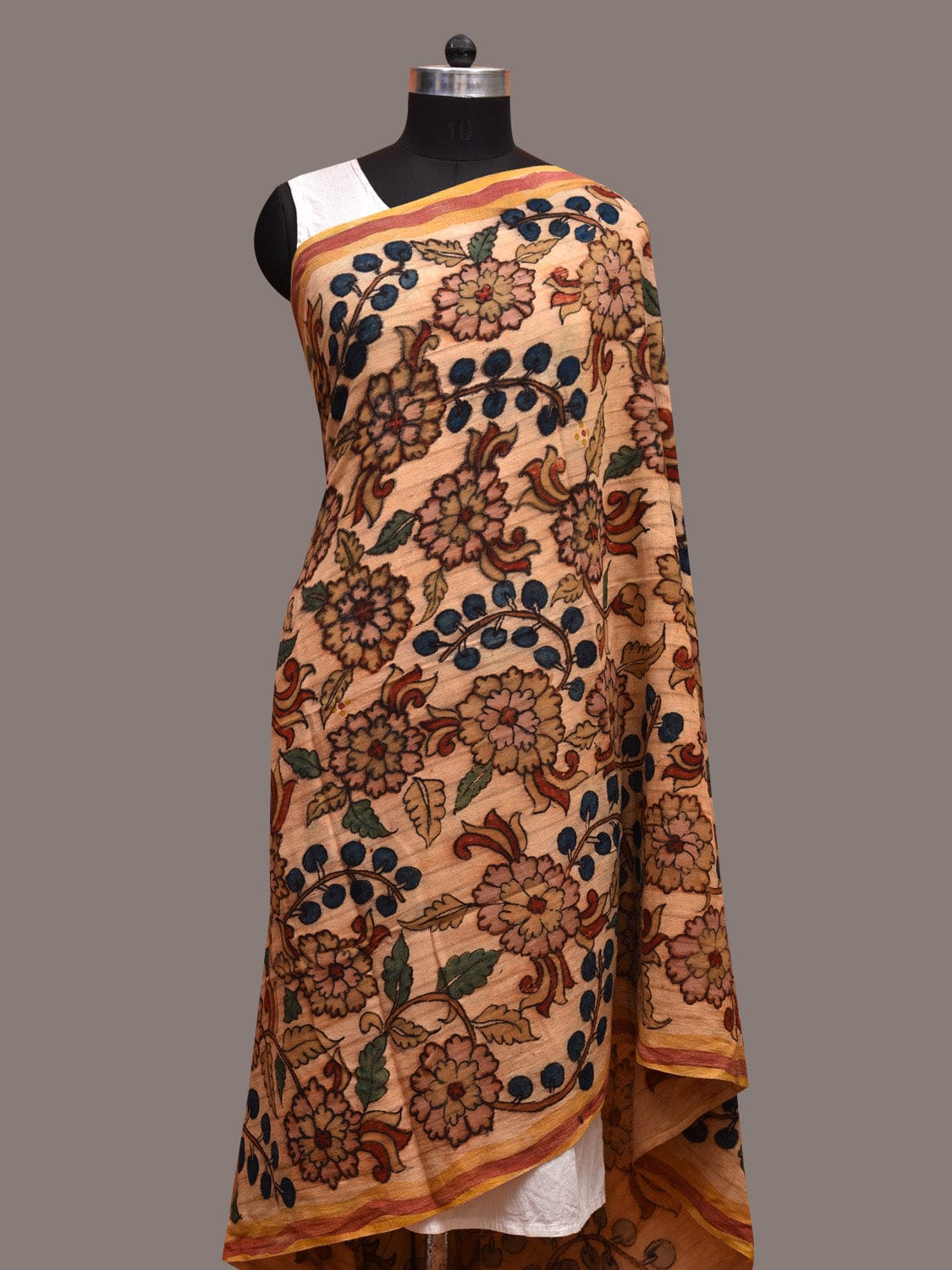 Cream Kalamkari Hand Painted Cotton Handloom Dupatta with Floral Design ds3610