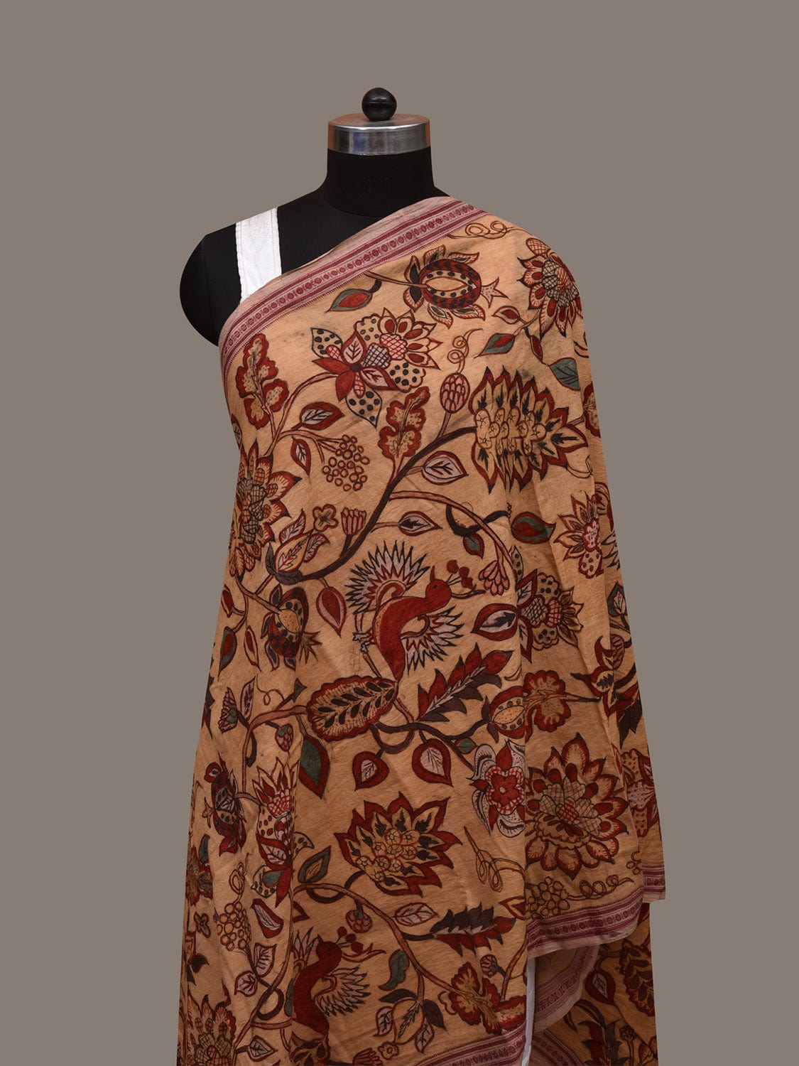 Cream Kalamkari Hand Painted Cotton Handloom Dupatta with Floral-Peacock and Doby Border Design ds3116
