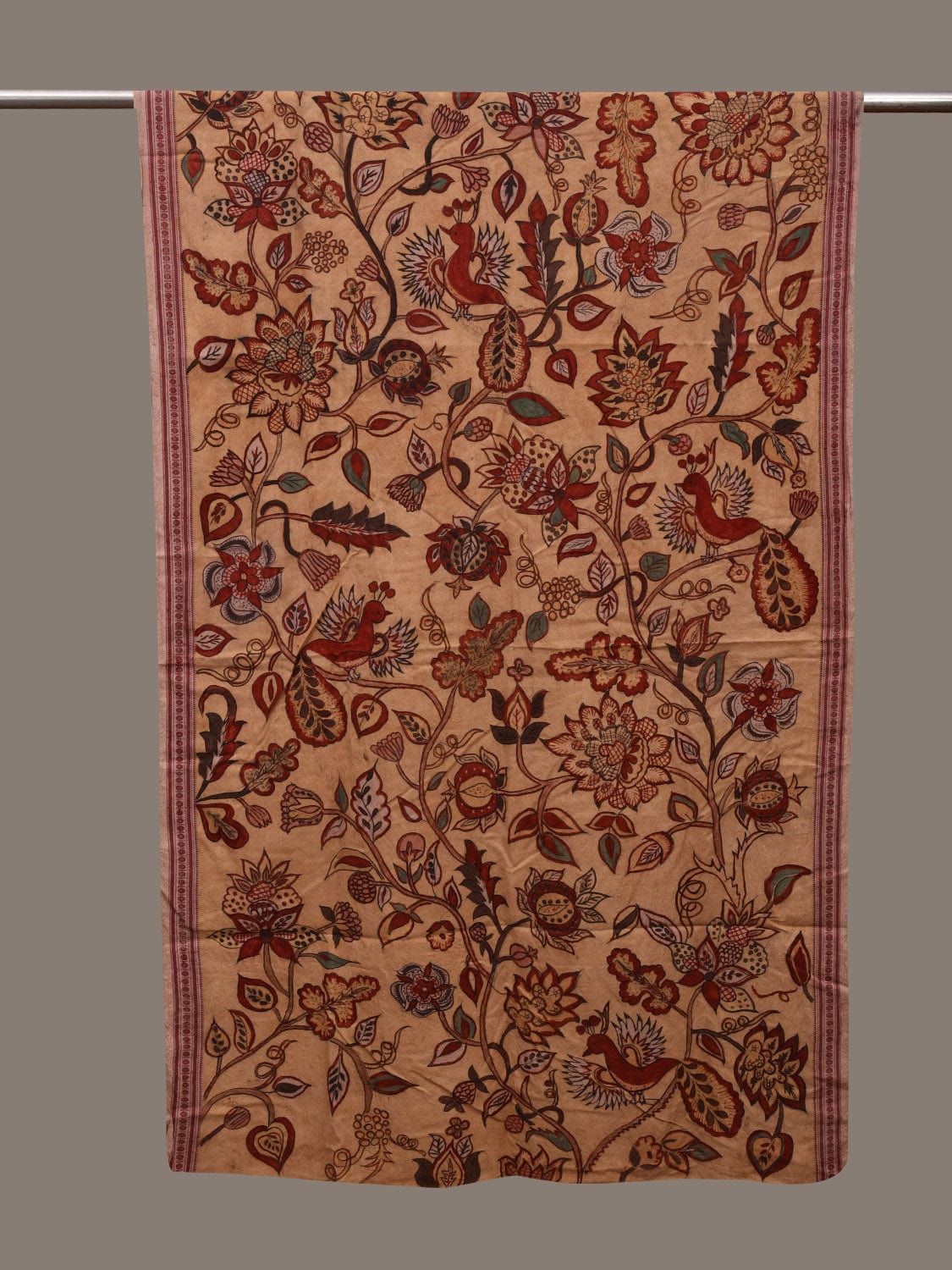 Cream Kalamkari Hand Painted Cotton Handloom Dupatta with Floral-Peacock and Doby Border Design ds3116