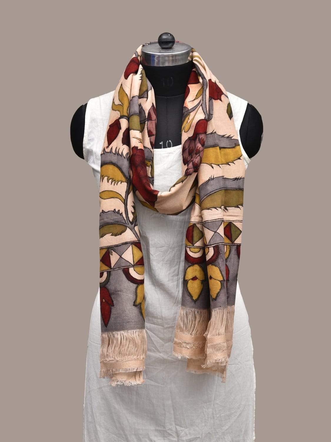 Cream Kalamkari Hand Painted Cotton Handloom Dupatta with Flowers Design ds2228