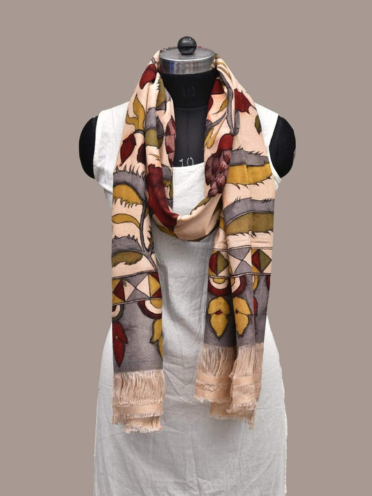 Cream Kalamkari Hand Painted Cotton Handloom Dupatta with Flowers Design ds2228